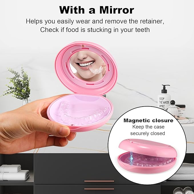 Retainer Case, Slim Aligner Case with Adjustable Vent Holes and Mirror, Compatible with Invisalign, Night Guard and Mouth Guard, Premium Retainer Case, With Aligner Remover Tool, Chew & Brush, Pink