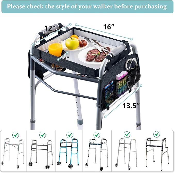 BAGSFY Upgraded Clear View Walker Tray for Seniors– Universal Folding Walker Table with Cup Holder & Side Pocket | Hard Top Lightweight Walker Accessory, Tool-Free Installation, Fits Most Walkers
