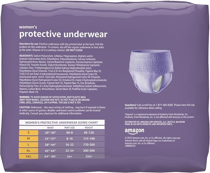 Amazon Basics Postpartum Incontinence Underwear for Women, Maximum Absorbency with Bladder Leak Protection, Fresh Protection, Disposable, Large, Lavender, 18 Count (Pack of 2)
