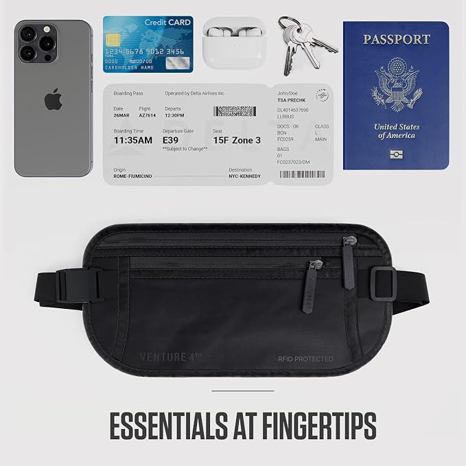 VENTURE 4TH Travel Money Belt, RFID Blocking Passport Holder - Sleek Black