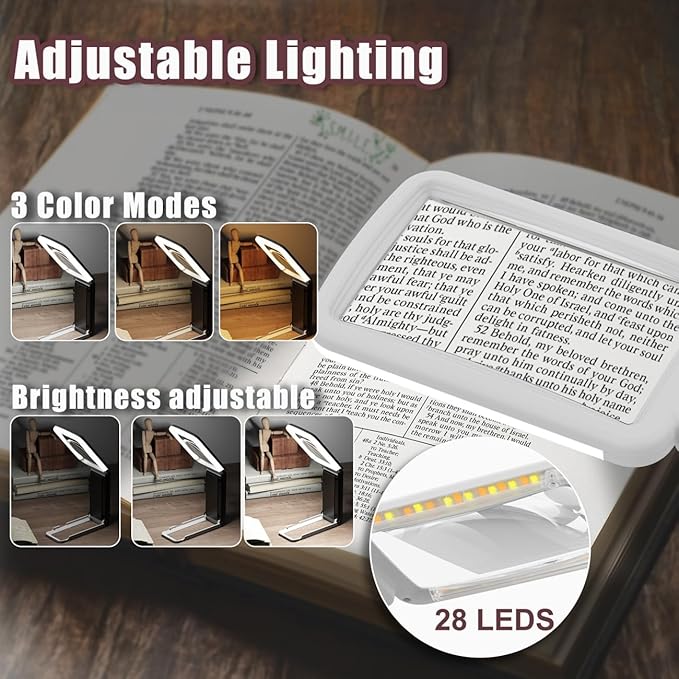 10X Magnifying Glass with Light and Stand, Real Glass Lens, Rechargeable Foldable Handheld Magnifier, 3 Color Modes Dimmable Lighted Page Magnifier for Reading Fine Prints, Low Vision Seniors