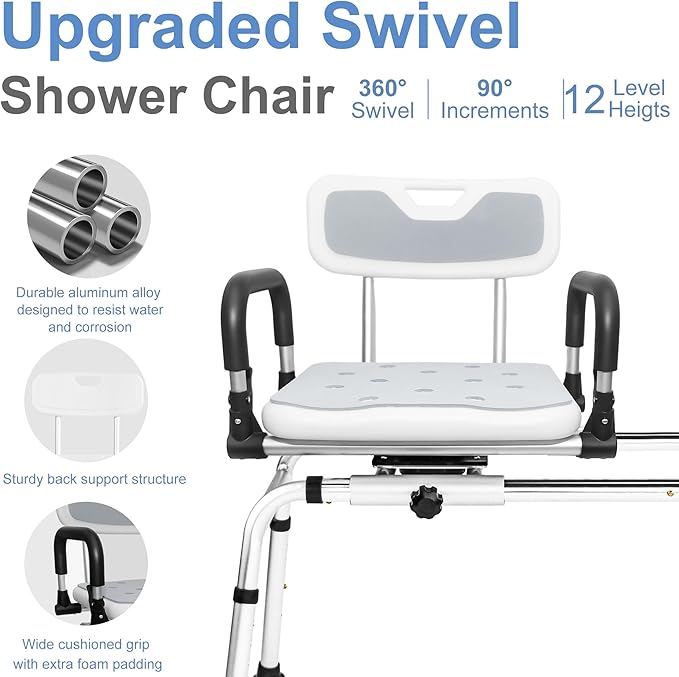360° Sliding Shower Chair Tub Transfer with Swivel Seat, Height Adjustable, Pivoting Arms, 500 Lbs Capacity, for Elderly Disabled and Handicap for Bathtubs and Showers