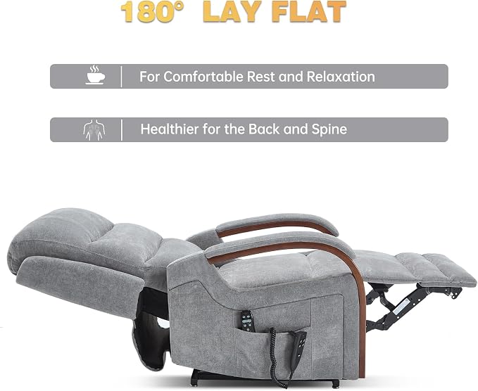 Trustyue Power Lift Recliner Chair, 180° Lay Flat Recliner, Lift Chair with Massage and Heat, Standing Assistance, Living Room Chair for Elderly People Chenille, Grey