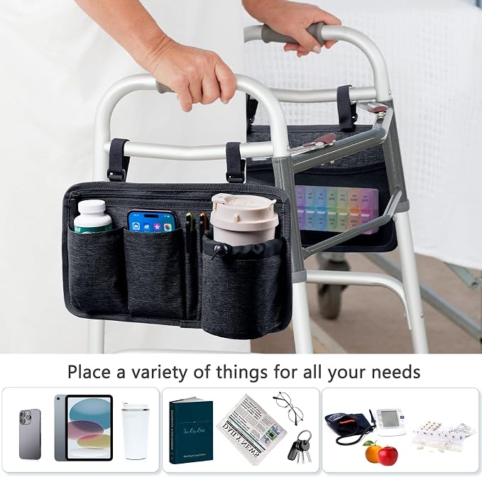 BAGSFY 2-Pack Walker Side Bag, Universal Walker Accessories with Cup Holder, Waterproof Folding Walker Organizer Caddy Pouch for Most Walkers with Side Bars, Double-Sided Storage for Seniors & Elderly