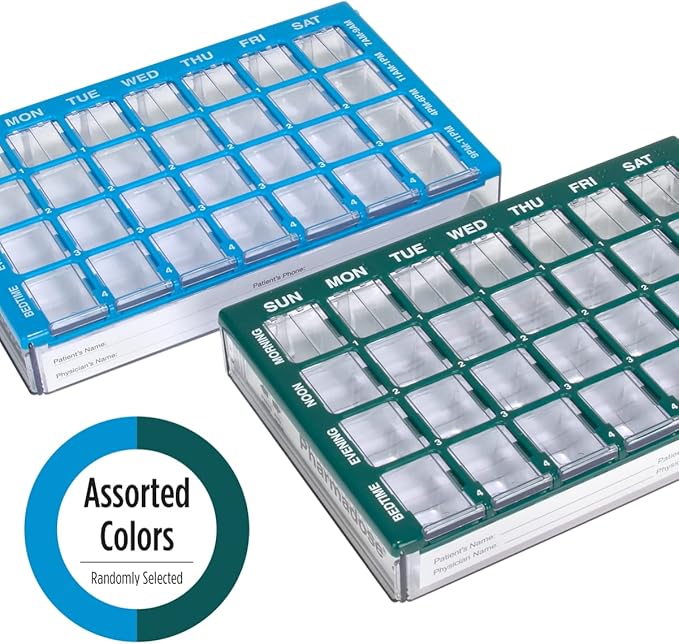 Ezy Dose Weekly (7-Day) Pill Organizer, Vitamin and Medicine Box, Small Compartments with Easy Fill Tray, 4 Times a Day, Clear Lids, Color May Vary, Assorted (Pack of 2)