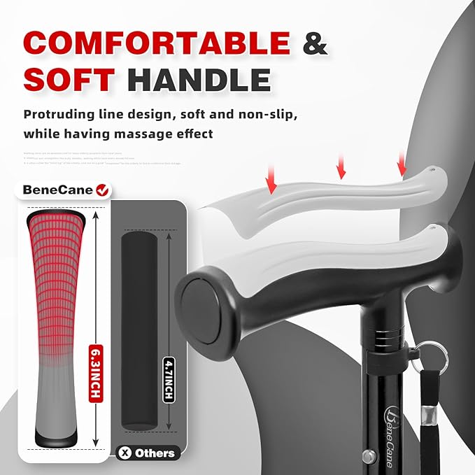 BeneCane Walking Cane for Men & Women Walking Stick for Seniors Folding Canes Quad Cane Adjustable Lightweight Sturdy Collapsible Heavy Duty with Soft TPR T-Handle and Travel Bag