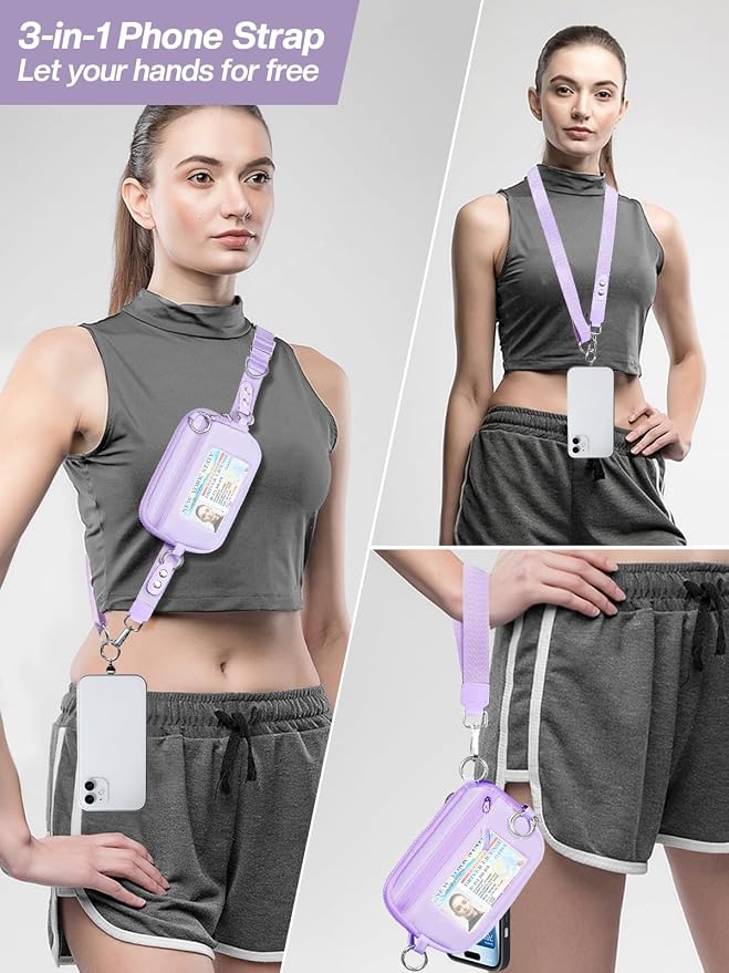 Tiostep Clip and Go Strap for Phone with Wallet Crossbody Phone Lanyard Adjustable and Detachable RFID Wristlet Wallet (Purple, Medium)