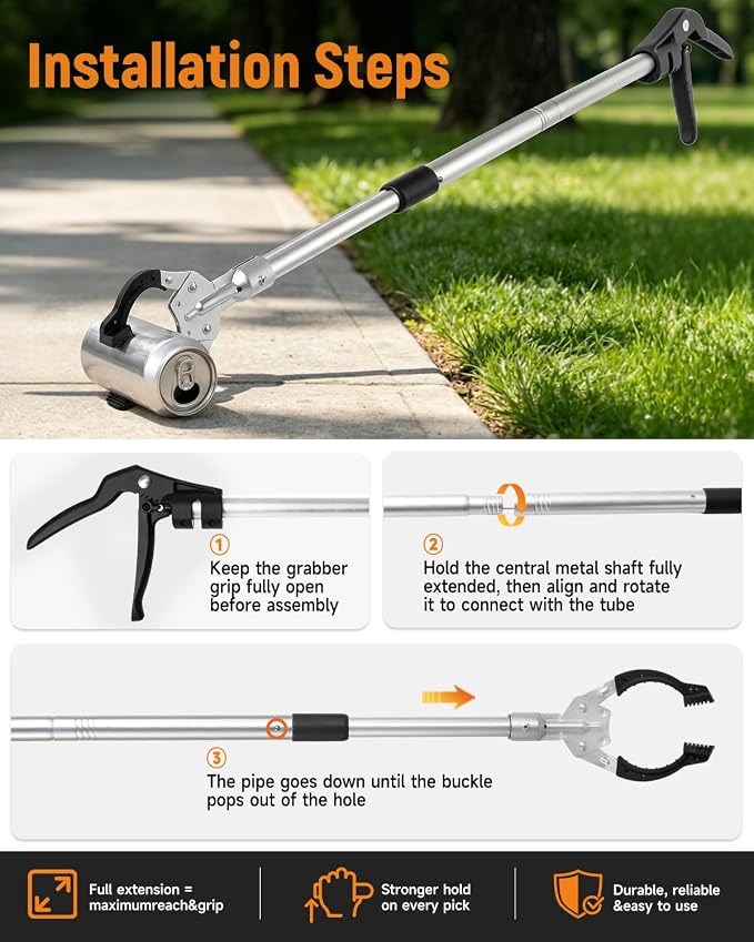 Heavy-Duty Reacher Grabber, Trash Picker Stick with Strong Magnet Anti-Slip Grip Multi-Scenario Use Foldable and Compact Litter Grabber for Easy Storage for Seniors & Litter Pickup.