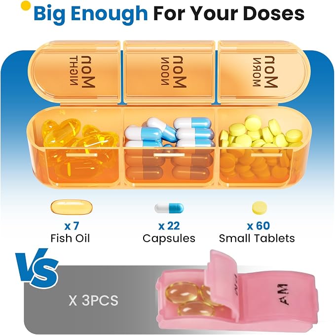 Odaro Pill Organizer 3X a Day, Medicine Pill Organizer 7 Day, Weekly Pill Case with 21 Compartments for Medicine, Vitamin and Supplement, Black