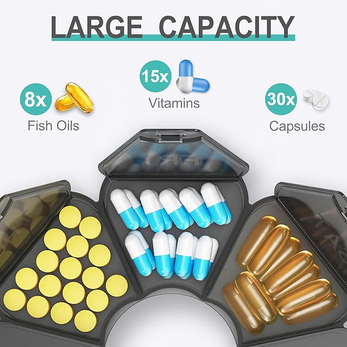 Enlarged Weekly Pill Organizer 7 Day, Daily Pill Box with Never Faded Etched 3D Date Labels, Travel Pill Case with Large Compartment for Medication, Vitamin, Fish Oil, Supplements(Black)