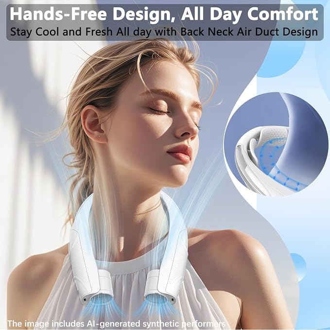 Neck Fan, 6000mAh USB Rechargeable Hands Free Personal Fan, 6 Speeds Adjustable Portable Neck Fans, Faster Cooling Wearable Fan, Ultra Quiet for Outdoor, Travel, Home, Office - White