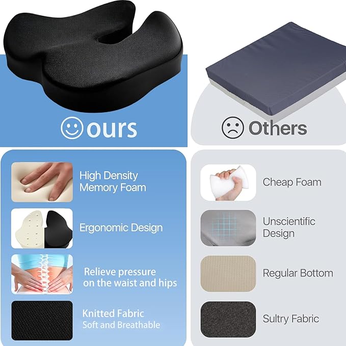 Seat Cushions, Comfort Memory Foam Office Chair Cushions, Ergonomic Seat Pad for Office Chair/Wheelchair/Gaming Chairs/Car Seat/, Pressure Relief Sciatica & Pain Relief for Long Sitting