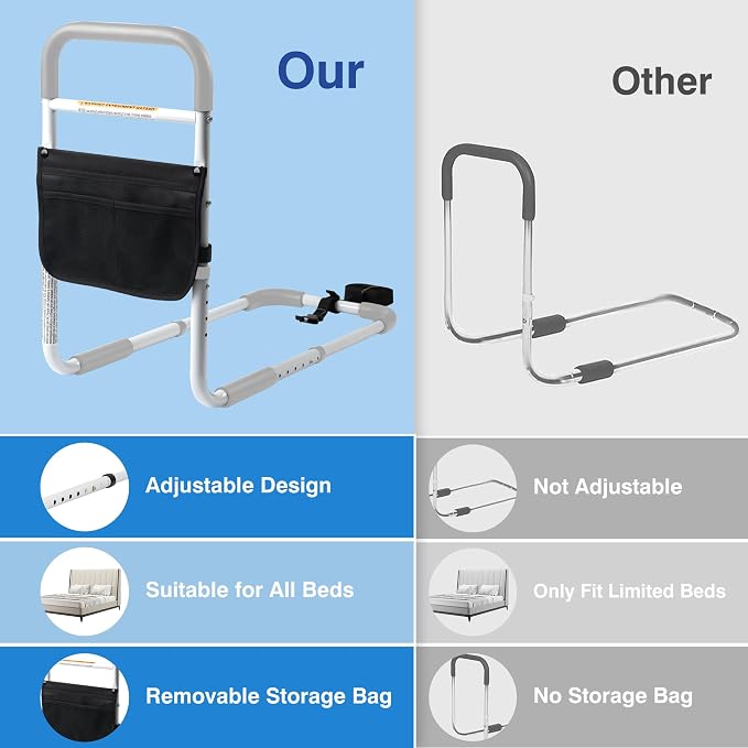 Panta Bed Assist Rail for Elderly Adults, ASTM Approved Adjustable Bed Assist Bar with Fixing Strap and Storage Bag, Foam Padded Handle, Portable Bed Cane, Fits Twin Full Queen King, Grey