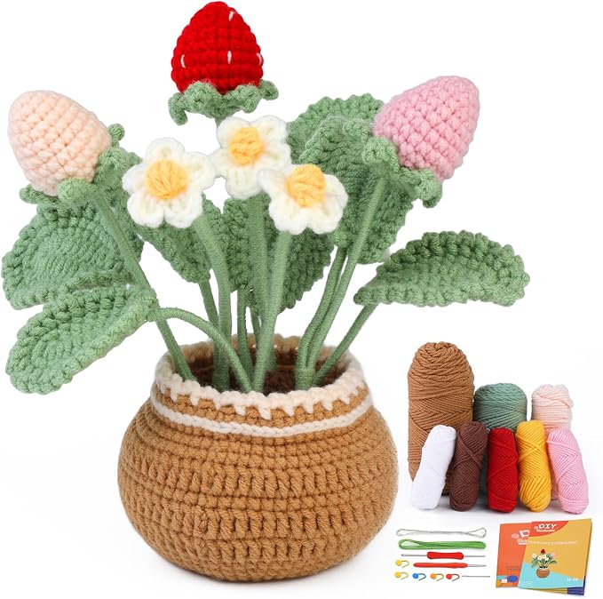 kgxulr Crochet Kit, Strawberry Beginner Crochet Kit for Adult, Knitting Kit | Crochet Kit for Beginners, Crochet Flower Kit, Beginner Crochet Kit for Adults with Step-by-Step Video Tutorials