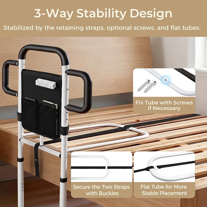 Bed Rails for Elderly Adults Safety, 400 Lbs Support for Seniors, ASTM-Certified Height Adjustable Bed Assist Rail with Motion Sensor Light, Triple Non-Slip Handles & Dual Storage Pockets
