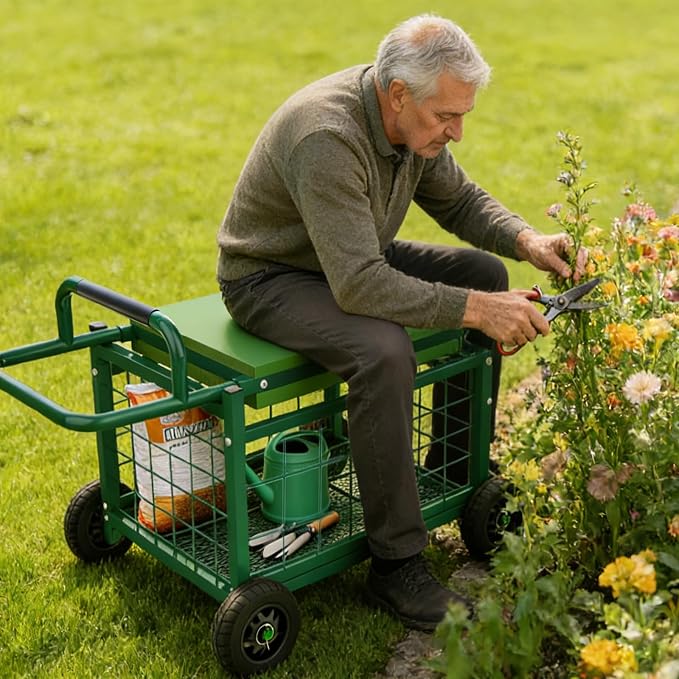 Extra-Large Rolling Garden Cart and Kneeler, 4-in-1 Garden Seat with Wheels | Heavy Duty Gardenning Cart with Seat and Kneeler, Rolling Stools with Wheels for Seniors Gardening