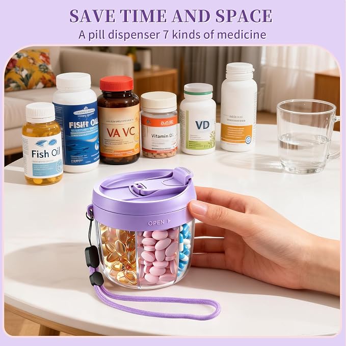 Pill Organizer,Travel Essentials Pill Container, Travel Pill Dispenser with Purple Lid，Pill Case Having 7 Large Compartments,Vitamin Organizer for Home Organization,Travel Containers