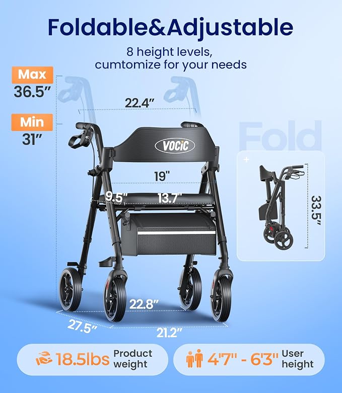 VOCIC Z21 Rollator Walker for Seniors with Seat, 8" All Terrain, 350 LBS | Lightweight Foldable & Dual Height Adjustable for Seniors, Ergonomic Arc Seat&6" Ultra Backrest Provide Comfort, Black