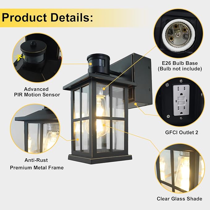Motion Sensor Porch Lights with GFCI Outlet, Outside Dusk to Dawn Wall Mount, 3 Lighting Modes Exterior Light Fixture Waterproof, Outside Wall Lamp for House Patio Garage.(Black,1 Pack)