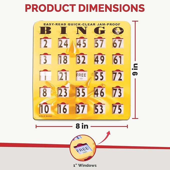 MR CHIPS Jam-Proof Easy-Read Quick-Clear Large Print Fingertip Slide Bingo Cards with Sliding Windows 100 Pack in Gold Rush Style