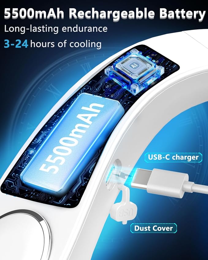 FWV Neck Fan with Cooling Plate, 5500mAh 3-24Hrs Battery, Ultra Quiet 5-Speed USB-C Necklace Cooler, LED Display for Battery&Speed,Hands-Free Bladless Mini Fans for Travel Office Indoor Outdoor White
