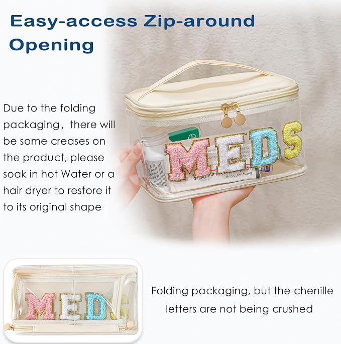 Chenille Letter Clear Medicine Makeup Bag, Large Size Waterproof Nylon Cosmetic Toiletry Storage bag with Top Handle, Transparent Meds First Aid Travel Organizer Cosmetic Bag(03Beige)
