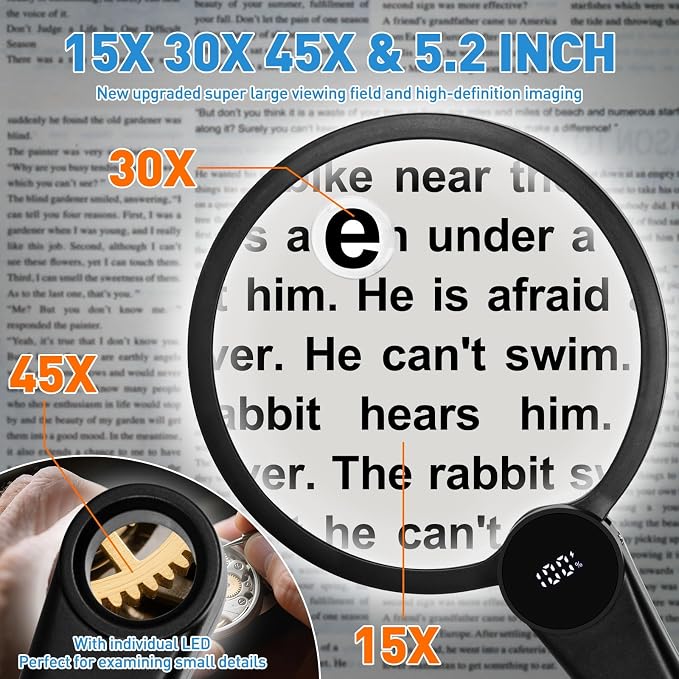 15X 30X 45X Rechargeable Magnifying Glass with Light(LCD Display) | Battery Level Indicator, 49 Anti-Flicker LEDs, 5.2" Large Handheld Magnifier for Seniors Reading Coin & Jewelry Inspection