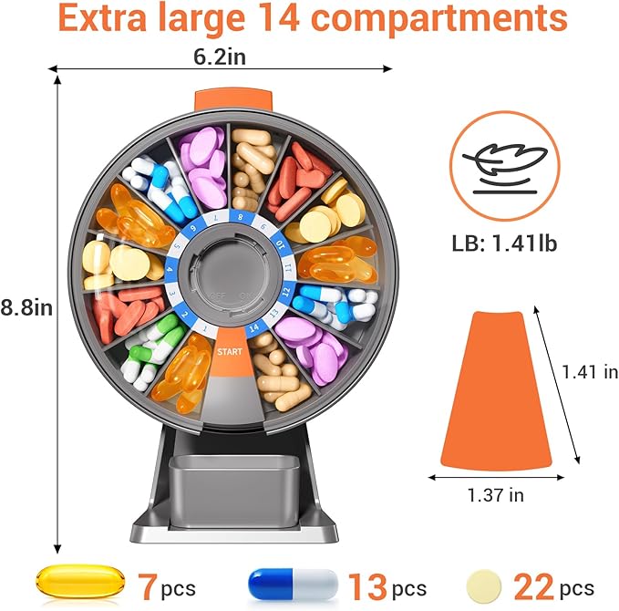 Zoksi Large Pill Organizer, Daily Pill Box for 7 or 14 Days, Wall-Mountable Pill Dispenser Hold for Medicine, Vitamin or Supplements, Weekly Pill Case with Easy Press Button (Grey)