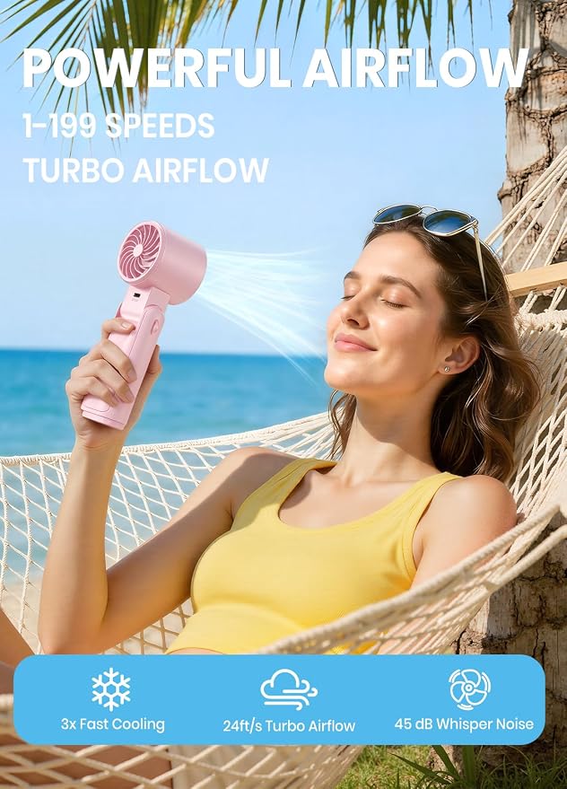 Portable Handheld Turbo Fan, 1-199 Speed Adjustable, Pink | 4 IN 1 Pocket Design with LED Display, High-Power Motor, Rechargeable Battery, Mini Fans for Indoor/Outdoor/Travel/Work