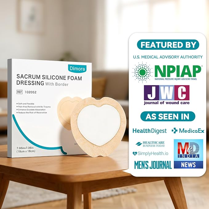 Dimora Wound Dressing Sacrum Foam Bandages Silicone Adhesive Border 7.08"x7.08" Waterproof Sacral Pads Absorbent Breathable Bed Sore Pressure Dressing