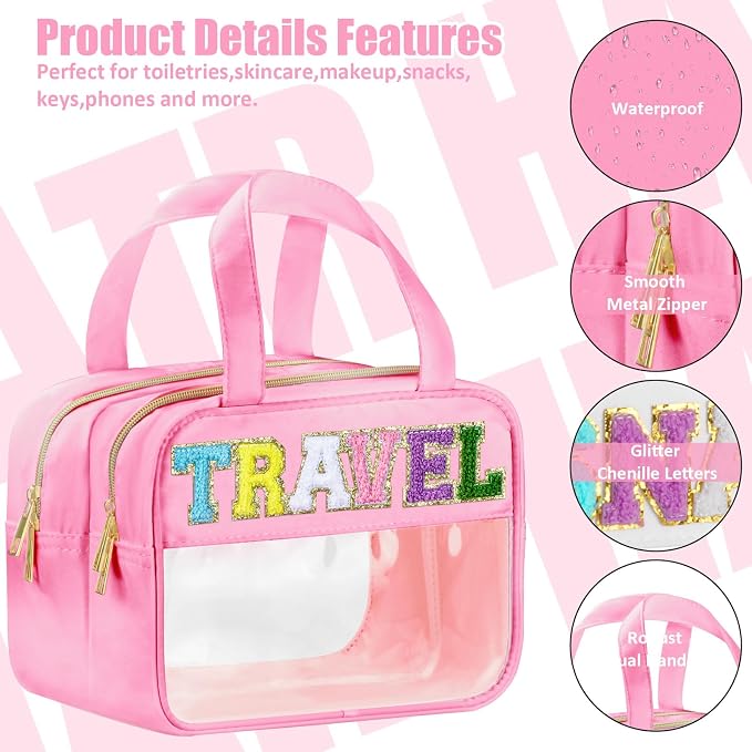 BuyCard Chenille Letter Clear Travel Bags, Makeup Bag for Travel, Preppy Patch Nylon Cosmetic Bag with Handles and Zipper, Waterproof Large Clear Travel Toiletry Bag Storage Bag for Women Pink