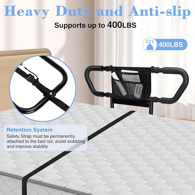 Bed Rails for Elderly Adults Safety: Adjustable Bedside Assist Rails with Storage Pockets, Non-Slip Handles, Items for Elderly Bed Rail, 400LB Gravity Capacity Black