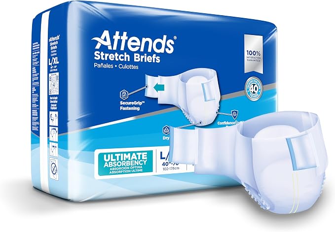 Attends Stretch Adult Incontinence Disposable Briefs, Large/X-Large, 40"-70" Waist with SecureGrip Tab Closure, Ultimate Absorbency with Dry-Lock Containment Core and Breathable Side Panels, 24ct Bag