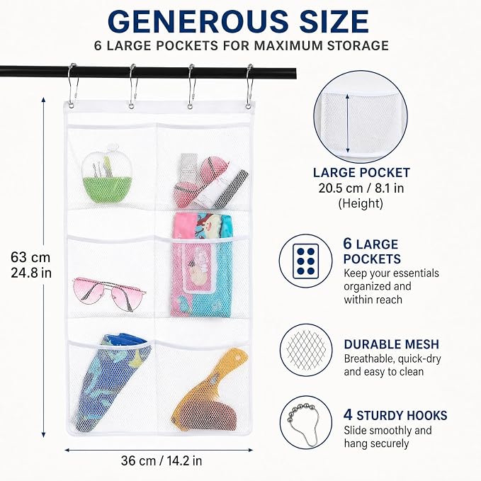 Bsagve 2 Pack Mesh Hanging Caddy Organizer with 6 Pockets, Shower Curtain Rod Liner Hanging Storage Pockets Bathroom Hanger, Bath Toy Holder