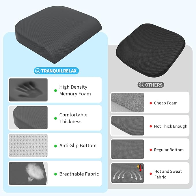 TranquilRelax Memory Foam Seat Cushion for Office Chair, 3-Inch, Gray | Medium-firm Support for Long Sitting, Washable Mesh Cover, Non-slip Base, Perfect for Car Seats & Short Drivers