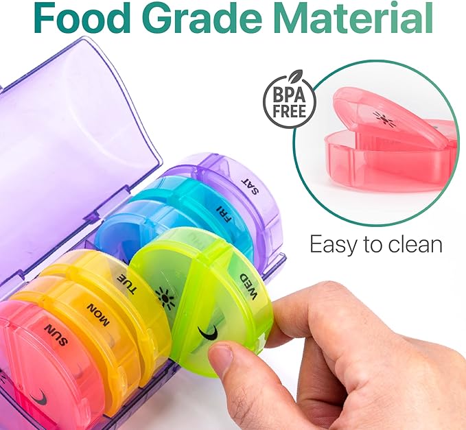 Sukuos Weekly Pill Organizer 7 Day 2 Times a Day, Large Daily Pill Box Easy to Open, AM PM Pill Case for Medicine/Vitamin/Fish Oil/Supplements (Purple)