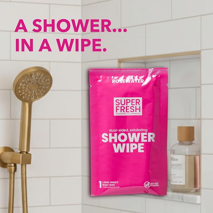 Super Fresh Shower Wipes Large Rosewater Body Wipes for No Rinse Bathing Personal Hygiene Gym Travel or Camping Enriched with Aloe and Vitamin E 10 Individually Wrapped Disposable Sheets