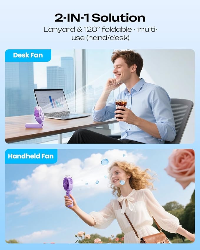 Otlonpe Handheld Misting Fan Portable, Powerful 4 High Speeds Rechargeable Small Hand Held Fan Water Mist, 4000mAh Battery Operated, Foldable, Lanyard, Personal Cooling for Travel Men Wome
