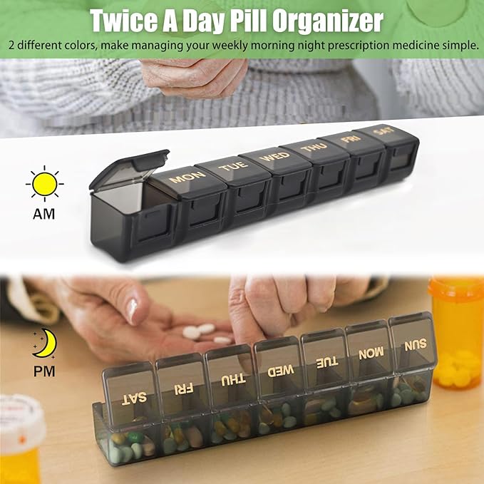2 Pack Weekly Pill Organizer, Large 7 Day Pill Case, Daily Vitamin Case Medicine Box, AM/PM Pill Containers for Medicine Supplements Fish Oil (Black & Black)