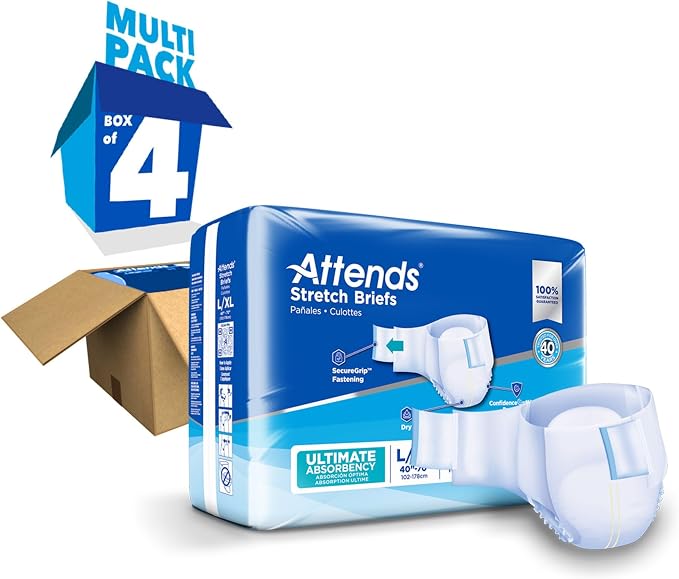 Attends Stretch Adult Incontinence Disposable Briefs, Large/X-Large, 40"-70" Waist with SecureGrip Tab Closure, Ultimate Absorbency with Dry-Lock Containment Core and Breathable Side Panels, 96ct Case