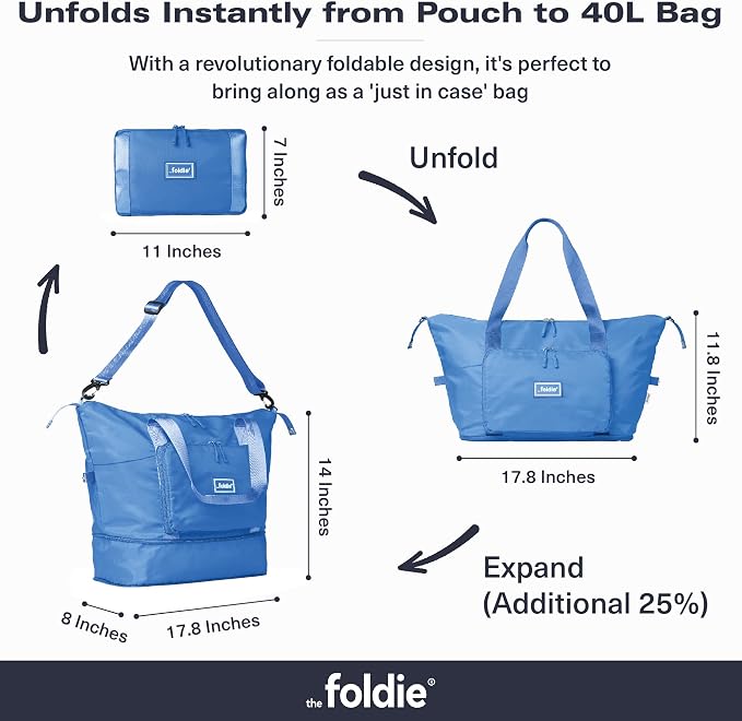 The Foldie Foldable Travel Bag for Women - 40L Weekender Bag with Multiple Pockets - Carry On Expendable Travel Bag