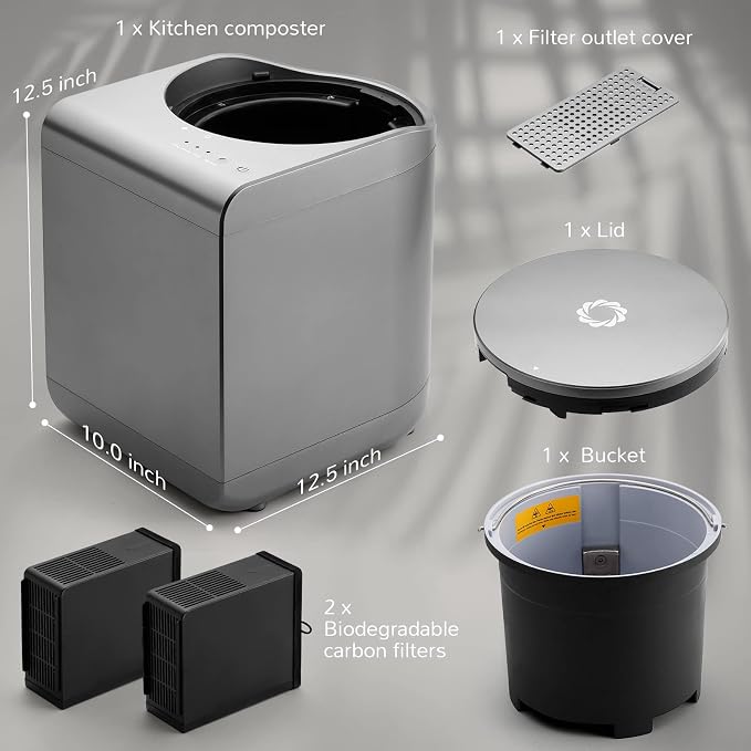 Airthereal Revive Electric Kitchen Composter, SHARKSDEN Tri-Blade, Turn Food Waste and Scraps into Dry Compost Fertilizer for Plants, R500 Gray | 4-hr Cycle, SHARKSDEN Tri-blade, 90% Reduction in Waste Volume