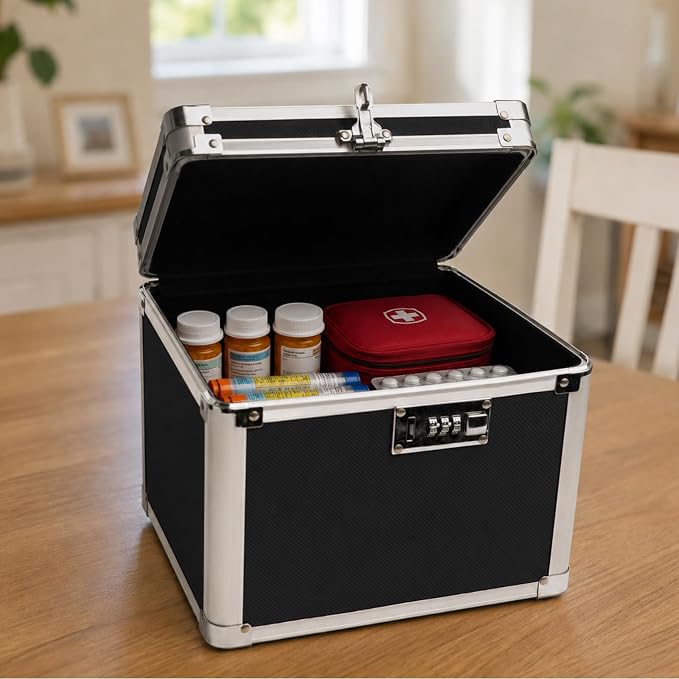 lock box with code, Large Lock Box for Storing Medications & Valuables with Code, 10x8x7.25 Inch Aluminum Alloy Locked Storage Box
