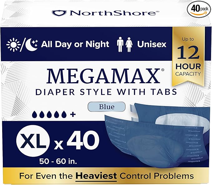 NorthShore MegaMax 12-Hour HBL Adult Diapers for Heavy Bladder Leaks, X-Large, 40 Count, Blue, 50-60 inches, Tab-Style Incontinence Underwear for Men, Women & Teens