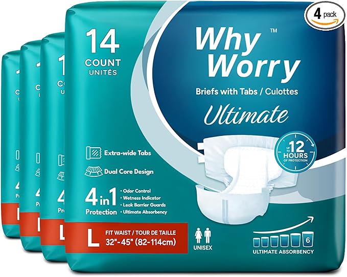 WhyWorry Ultimate Adult Diapers for Men and Women, Disposable Adult Briefs for Incontinence, Incontinence Briefs with Tabs, Ultimate Absorbency, Odor Control, Large, 56 Count (4 Packs of 14)