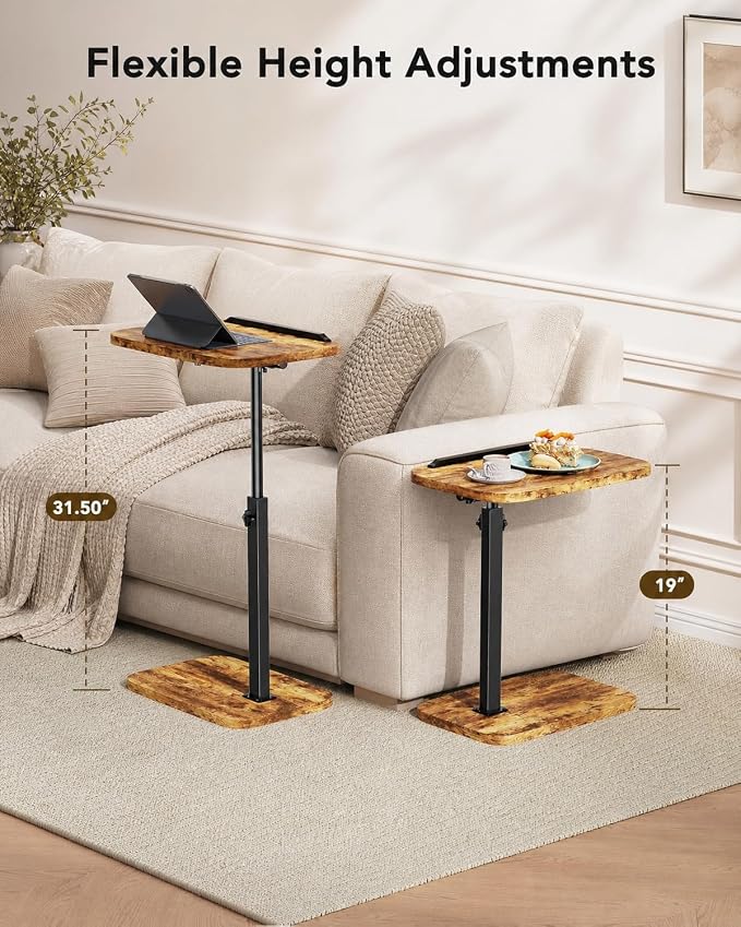 HUANUO TV Tray with Height Adjustment, 360° Swivel, 90° Tilt, Rustic Brown | 19" - 31.5" Height Range, Dual Knobs for Stability, Anti-slip bar, Foldable, for Eating & Working Beside Sofa, Bed
