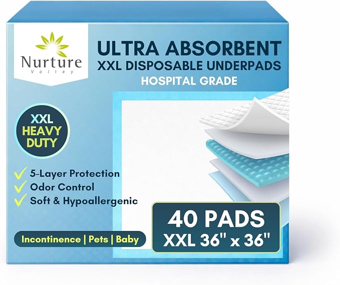 Nurture Heavy Duty Ultra Absorbent Bed Pads Chux Underpads - 36x36, 40 Pack | Waterproof disposable liners for adult incontinence chucks offer hospital grade protection, keeping sheet surfaces dry