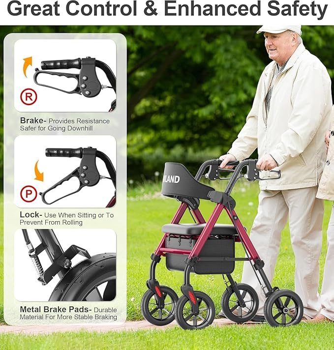 HOMLAND Walkers for Seniors with Seat, Foldable Rollator Walker, Reinforced Aluminum Frame, 8" Big Rubber Wheels for All Terrain, Height Adjustable Lightweight Rolling Walker