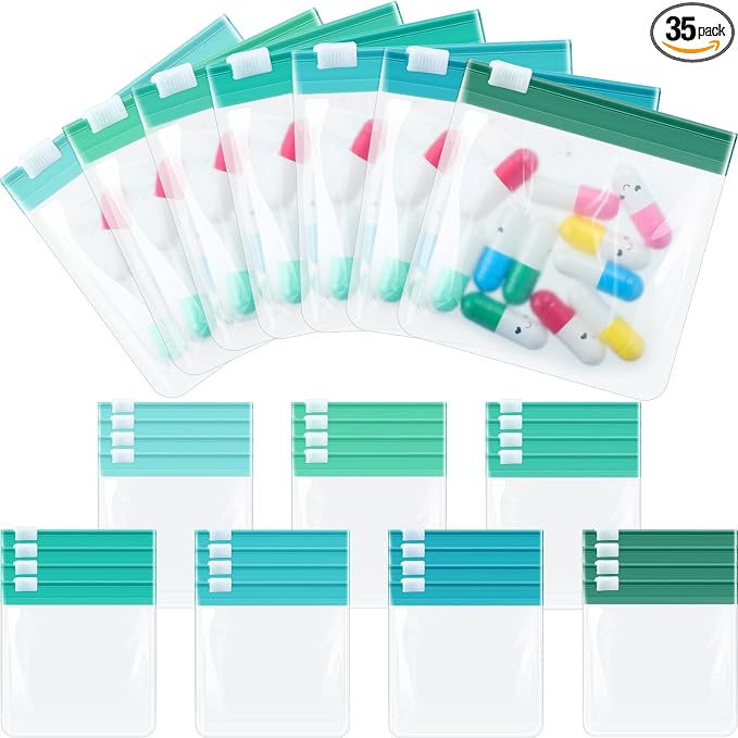 Sherr 35 Pcs Pill Pouch Bags with Zipper Pill Pouch Set Travel Reusable Translucent Medicine Organizer Self Sealing Plastic Bag with Slide Lock for Storage(Dark Green,3 x 3 Inch,Blank Style)