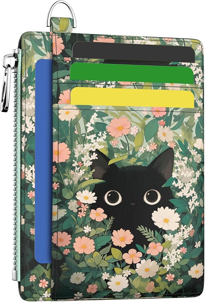 Hancynir Black Cat Floral Slim Wallet Women Credit Card Holder, Small RFID | Zipper Pocket Wallet, Thin Travel Coin Purse, PU Leather, Minimalist Card Case, 6 Card Slots, ID Window, Ladies Women Gifts
